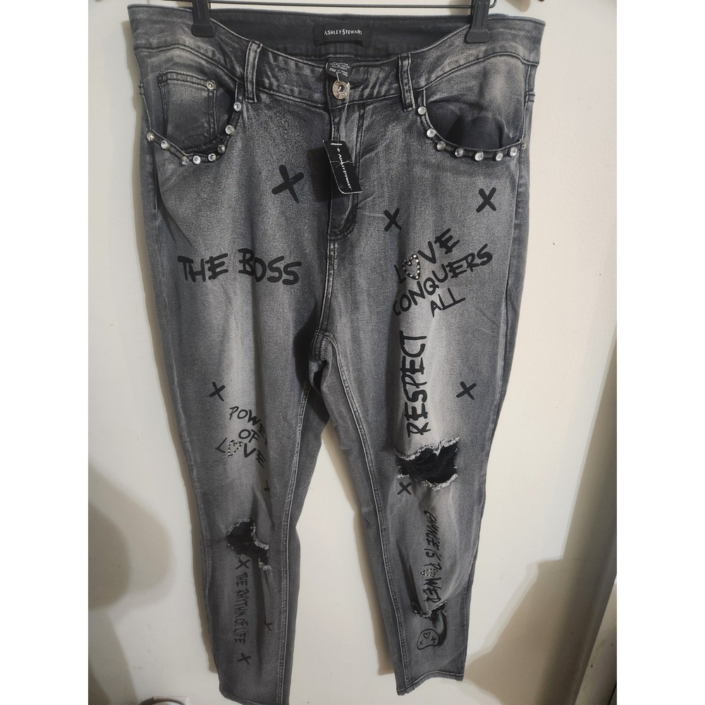 NWT Ashley Stewart Love Conquers All Distressed Skinny Jeans Grey Plus Size 14